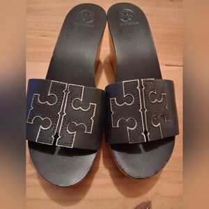 Tory Burch Black Slide Sandals with Silver Accents